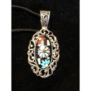 Vintage Flower Mosaic Inlaid Stone 925 Sterling Silver Pendant 20” Necklace